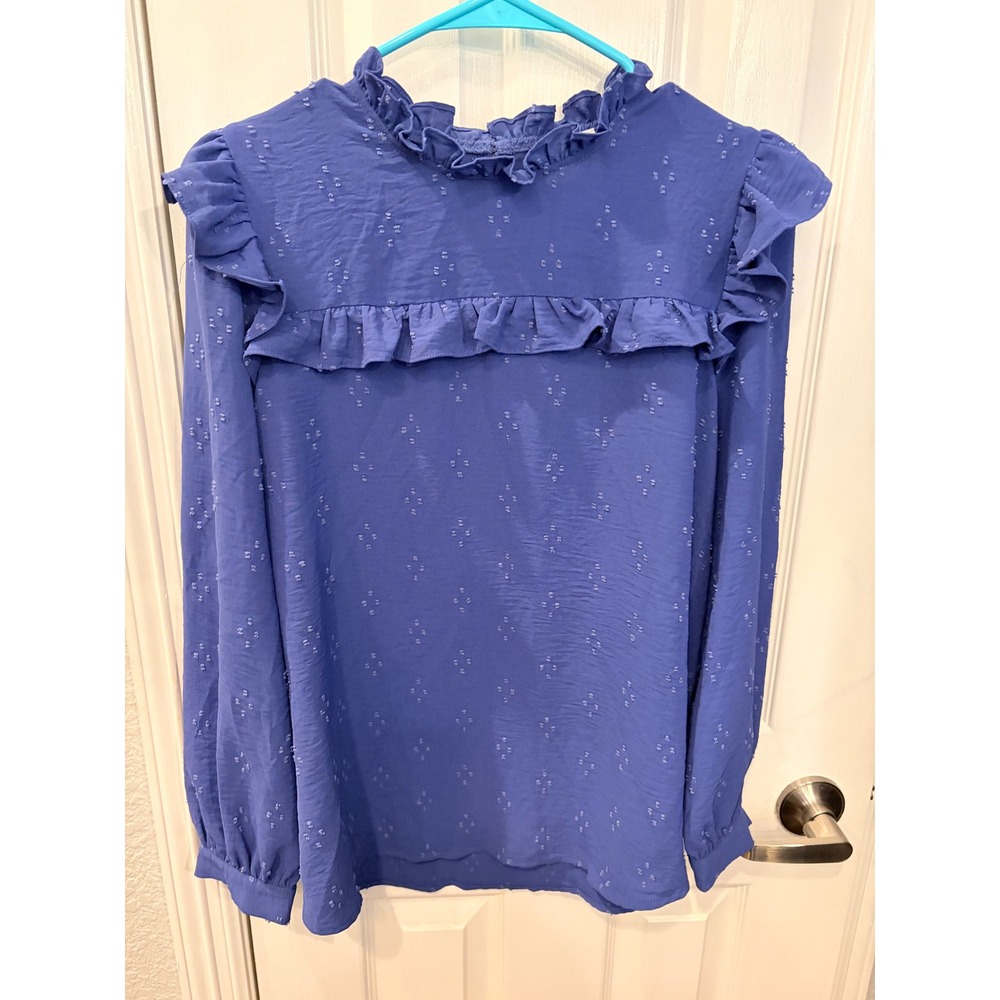 The Mint Julep Boutique Blouse Blue Swiss Dot Ruffle High Neck Top H5310-MJ